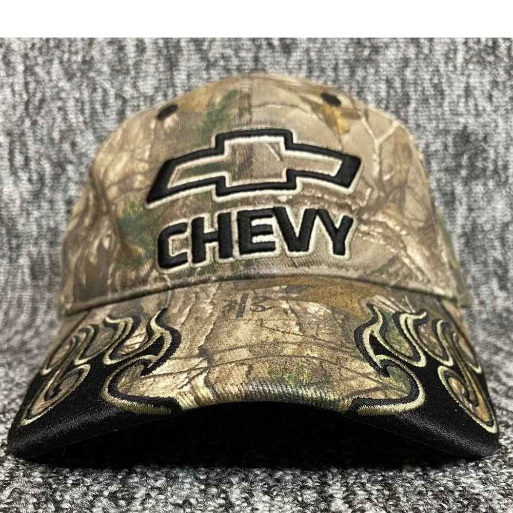 Vintage Chevy Camo Hat Realtree Xtra Embroidered Flames Signatures Stretch L XL